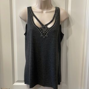 Boutique tank top. Beautiful bead work around neckline, bust and back. Dark Gray
